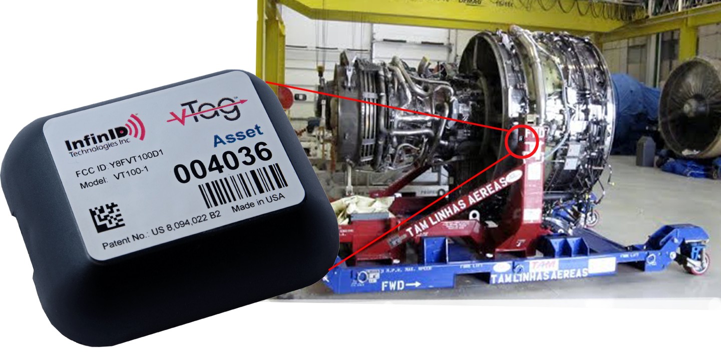 V-Tag Asset tag mounted on a jet-engine module, tracked at range with no fixed readers