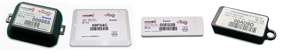 A range of V-Tag asset-tag form factors — rugged, slim, printed-label, and keyring
